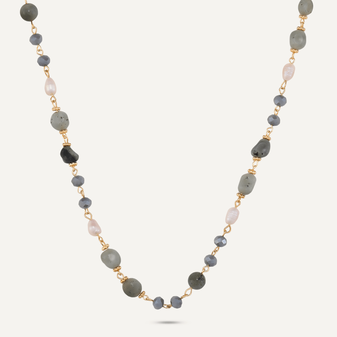 Grey Semi-Precious Stone, Crystal & Fresh Water Pearls Short Necklace In Gold-Tone