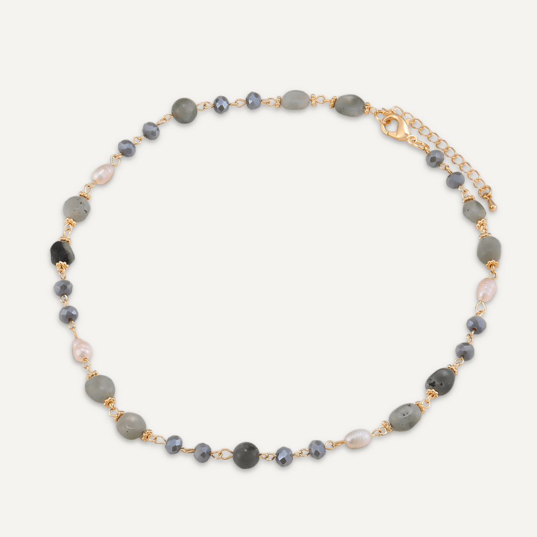 Grey Semi-Precious Stone, Crystal & Fresh Water Pearls Short Necklace In Gold-Tone