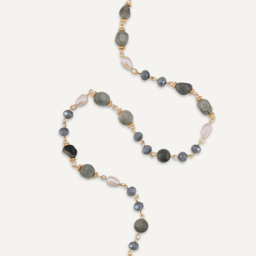 Grey Semi-Precious Stone, Crystal & Fresh Water Pearls Short Necklace In Gold-Tone