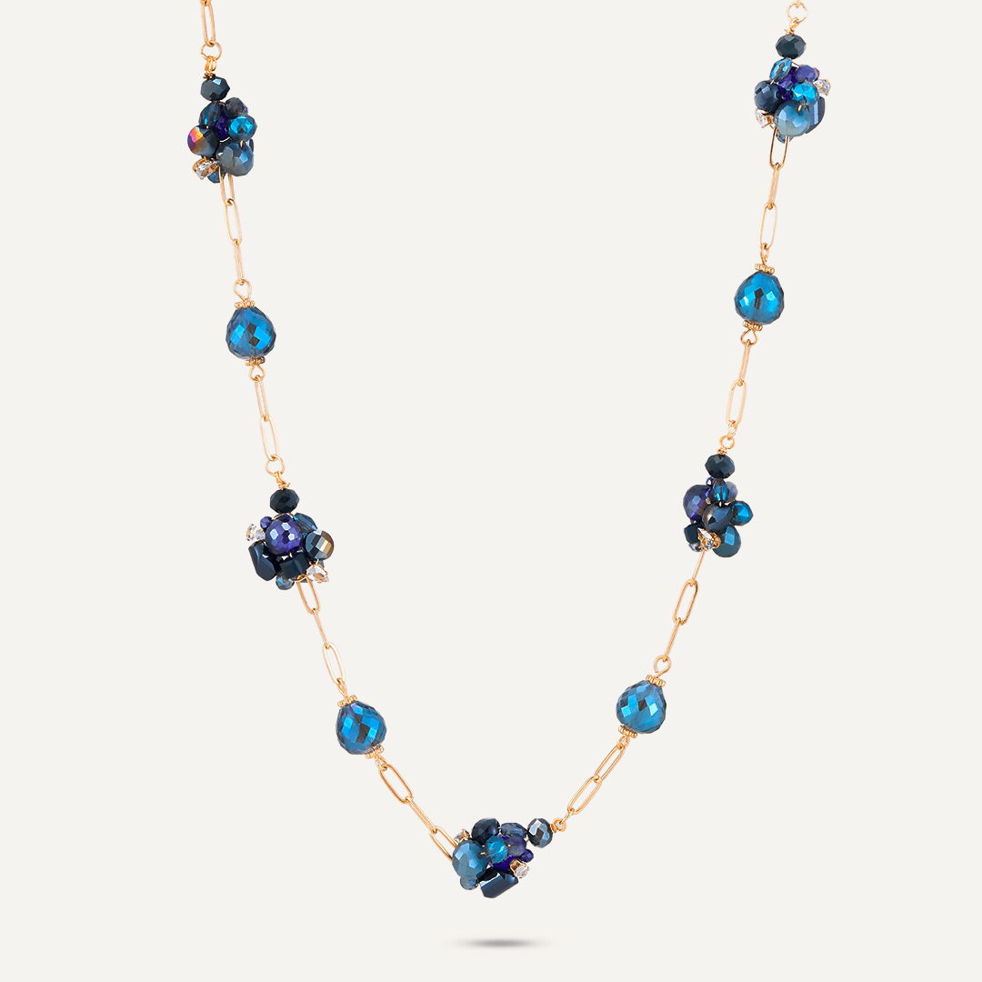 Blue Crystal Cluster Long Necklace In Gold-Tone