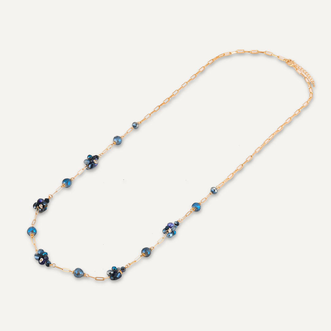 Blue Crystal Cluster Long Necklace In Gold-Tone