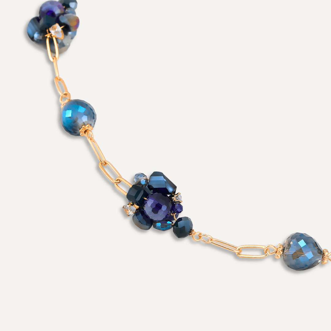 Blue Crystal Cluster Long Necklace In Gold-Tone