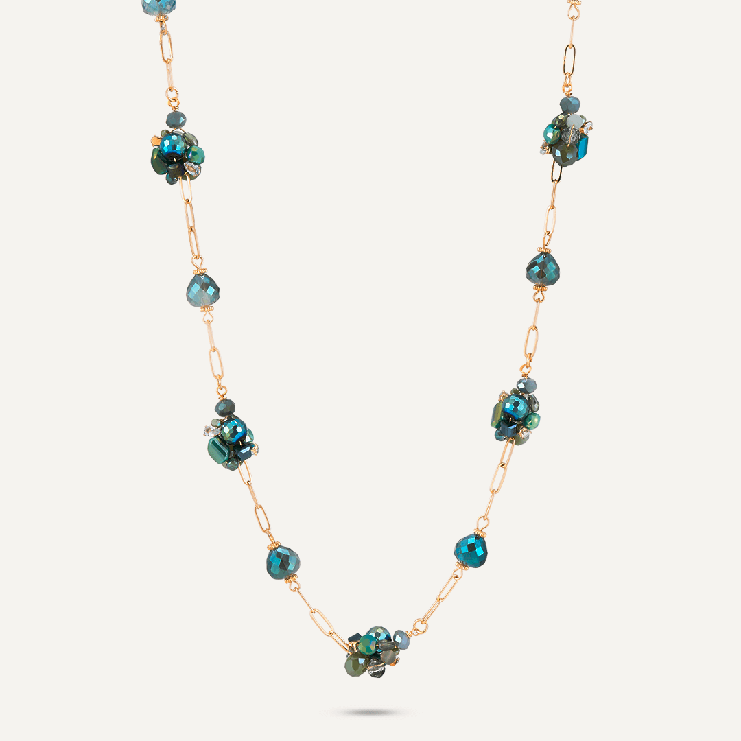 Green Crystal Cluster Long Necklace In Gold-Tone