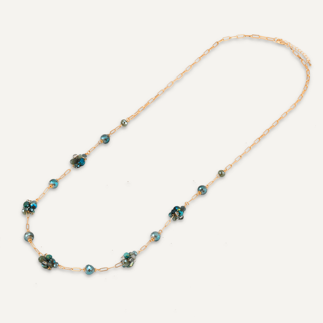 Green Crystal Cluster Long Necklace In Gold-Tone