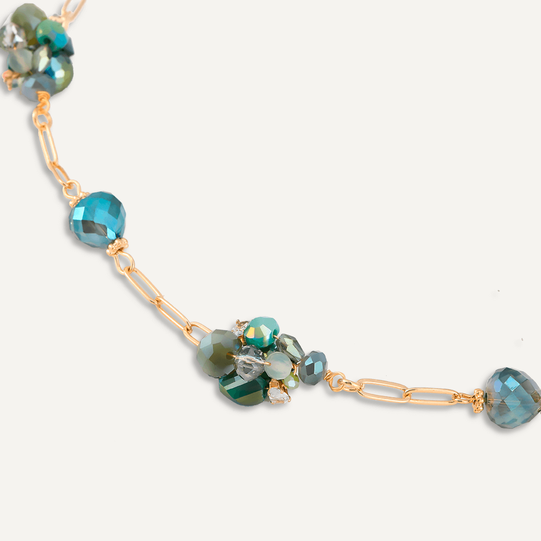 Green Crystal Cluster Long Necklace In Gold-Tone