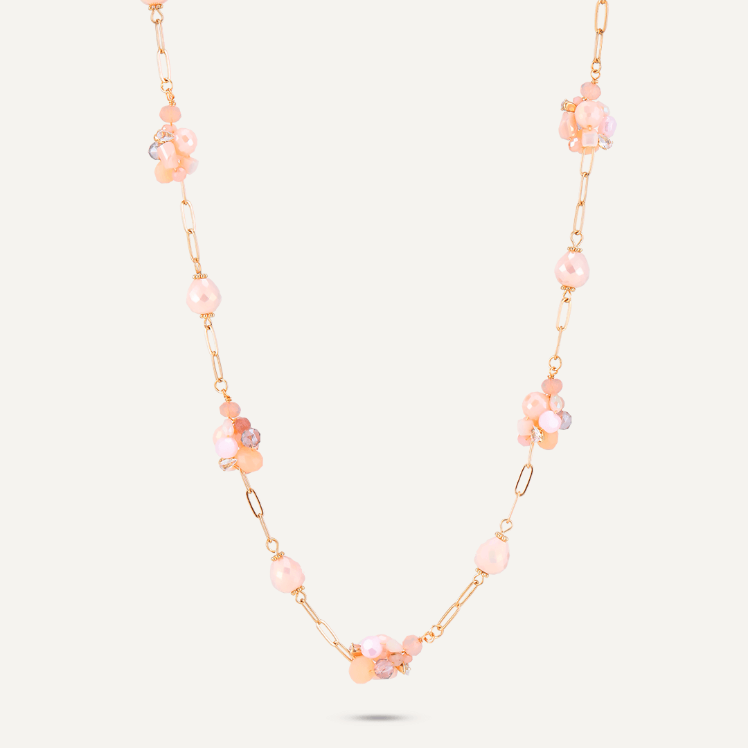 Pink Crystal Cluster Long Necklace In Gold-Tone