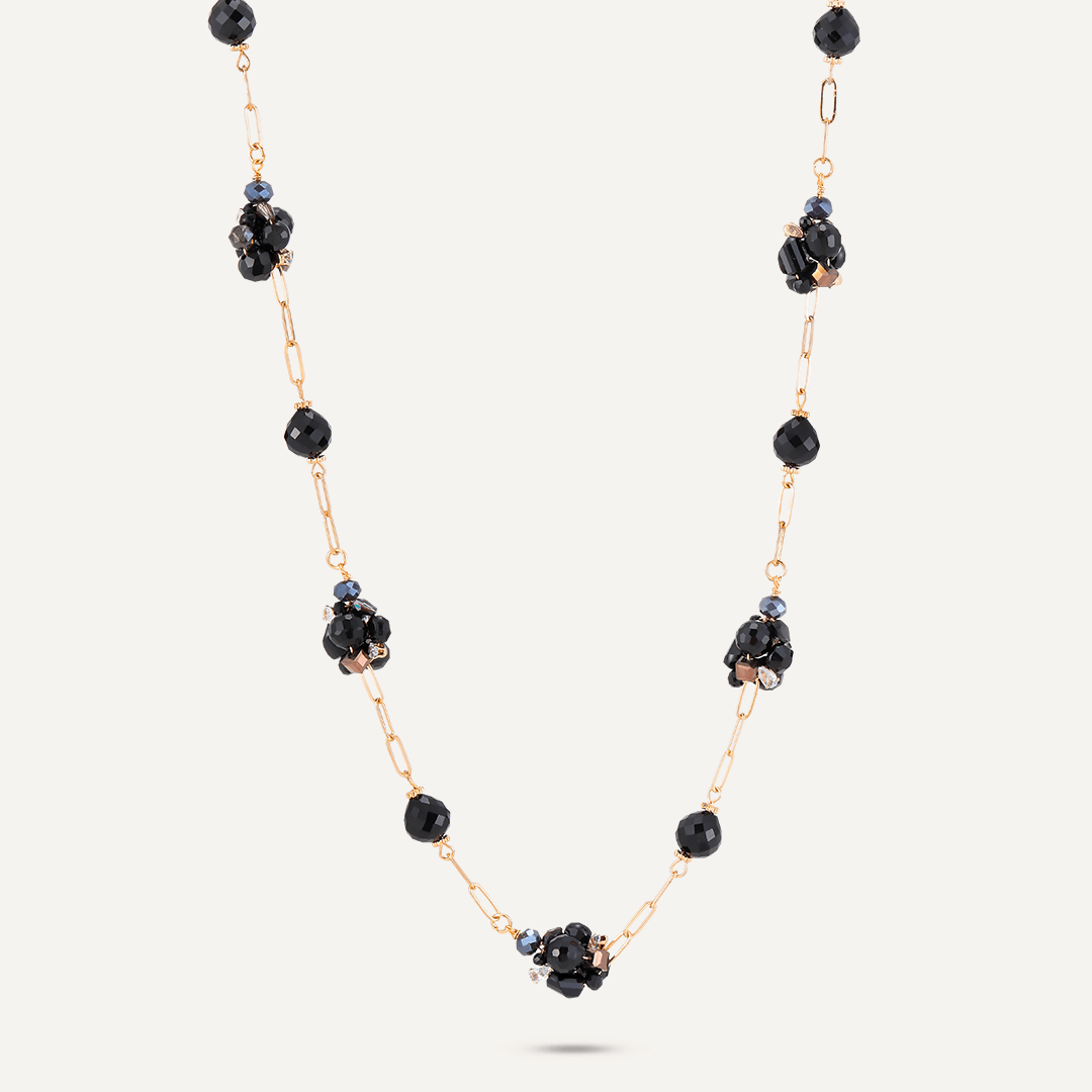 Black Crystal Cluster Long Necklace In Gold-Tone