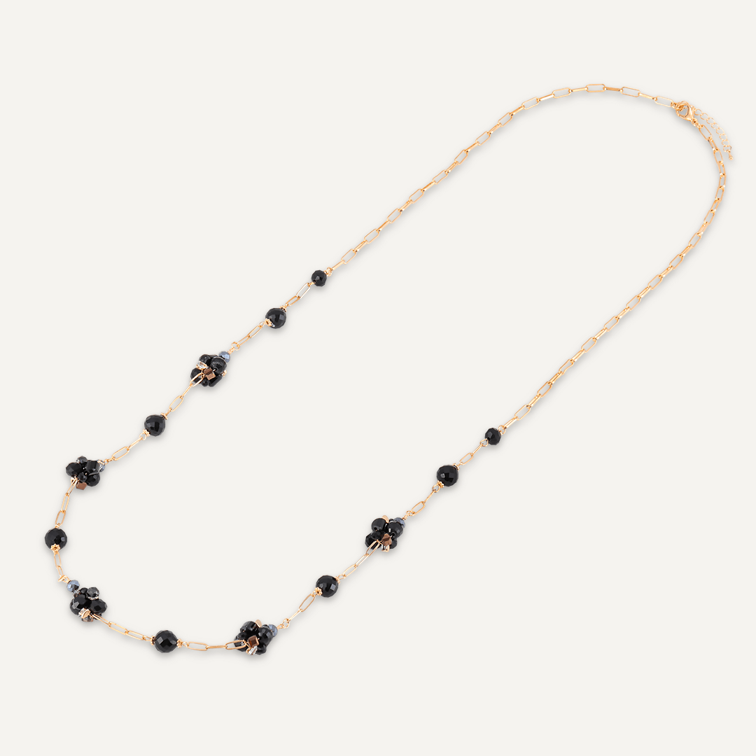 Black Crystal Cluster Long Necklace In Gold-Tone