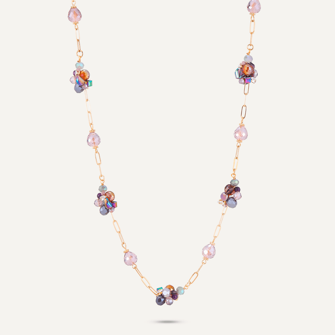 Purple Crystal Cluster Long Necklace In Gold-Tone