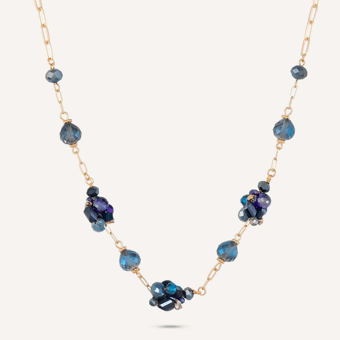 Blue Crystal Cluster Short Necklace In Gold-Tone