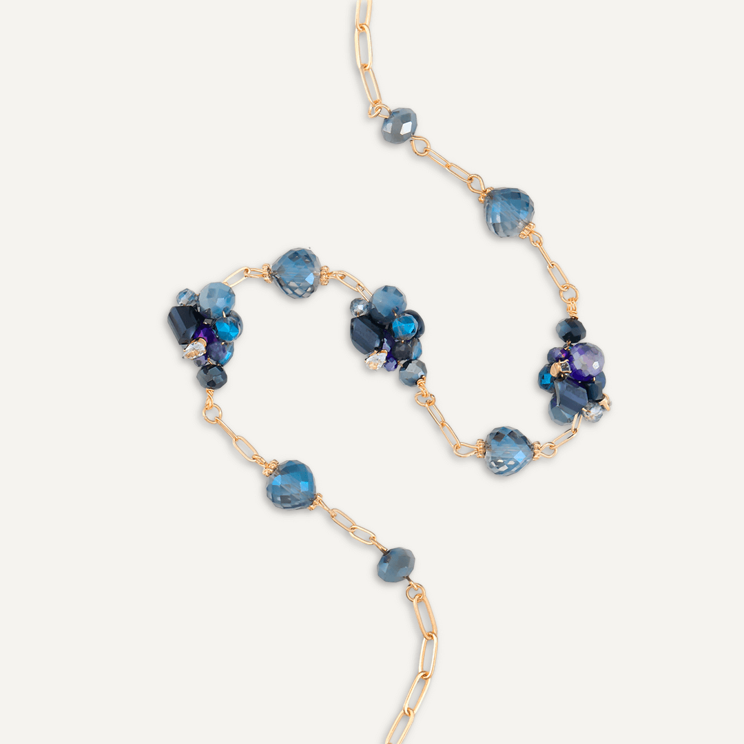 Blue Crystal Cluster Short Necklace In Gold-Tone