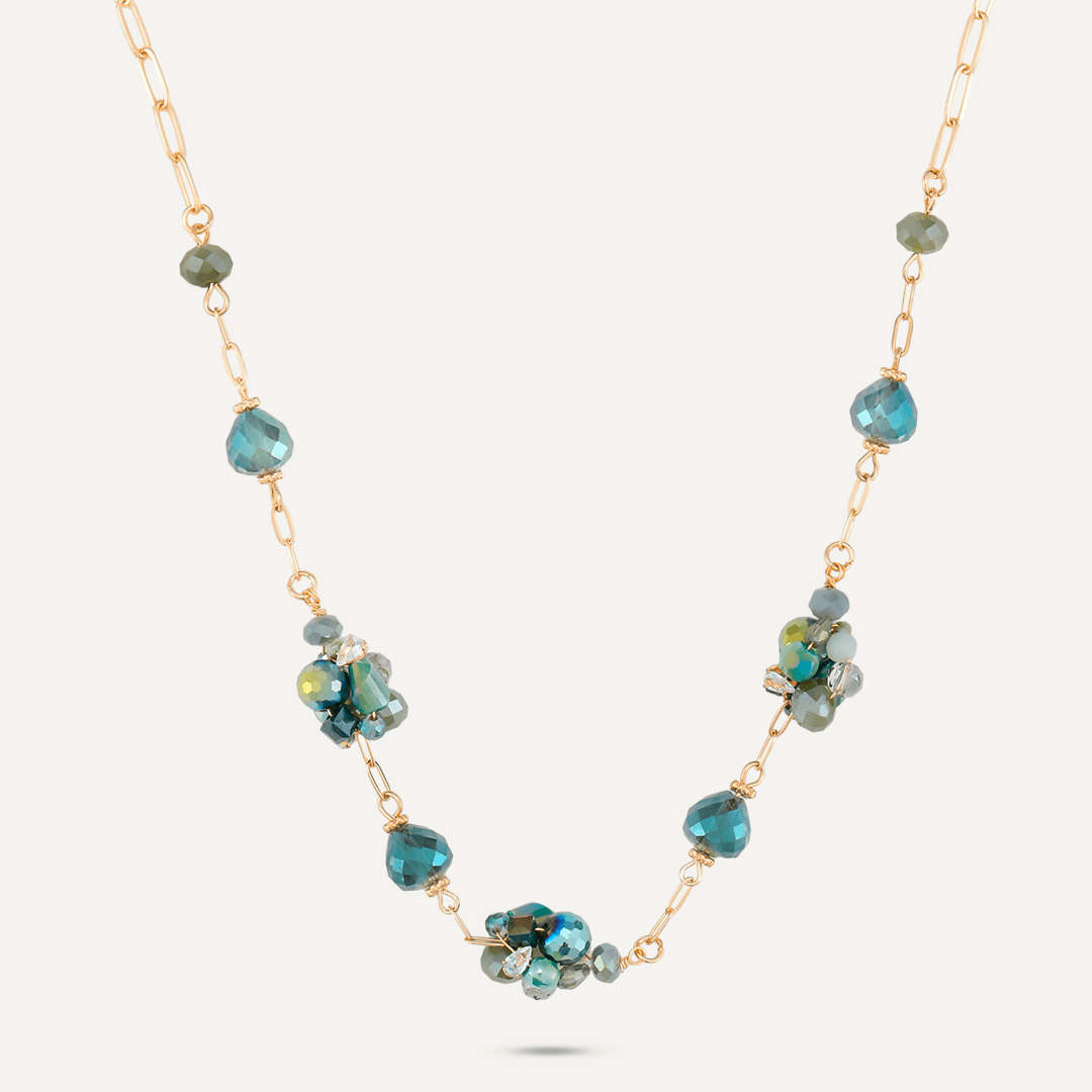 Green Crystal Cluster Short Necklace In Gold-Tone