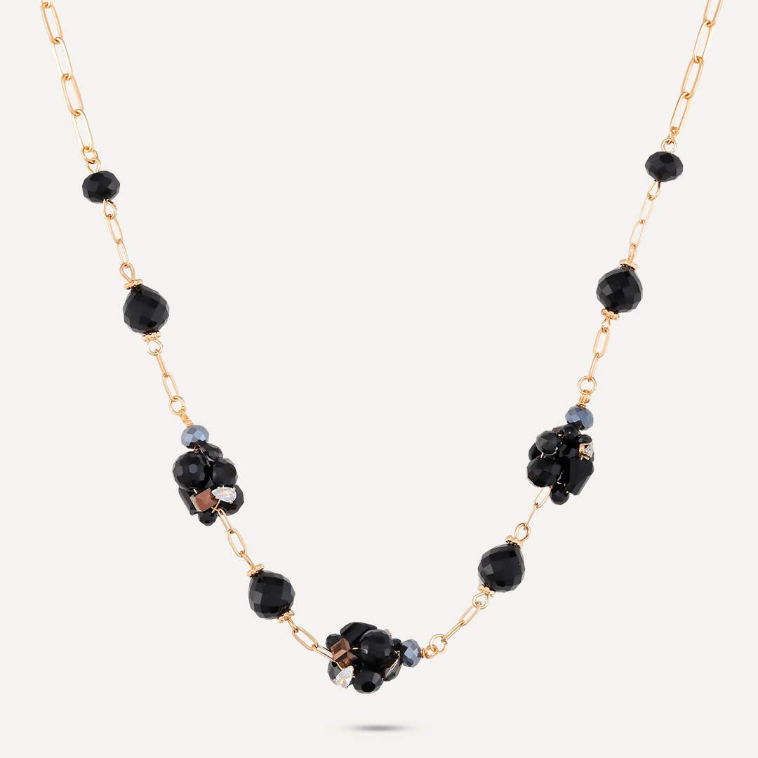 Black Crystal Cluster Short Necklace In Gold-Tone