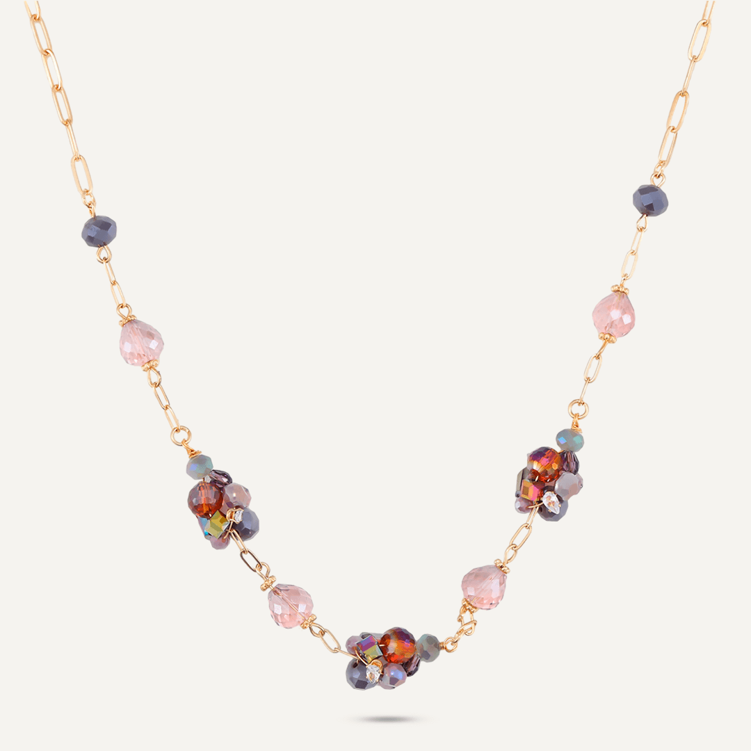 Purple Crystal Cluster Short Necklace In Gold-Tone