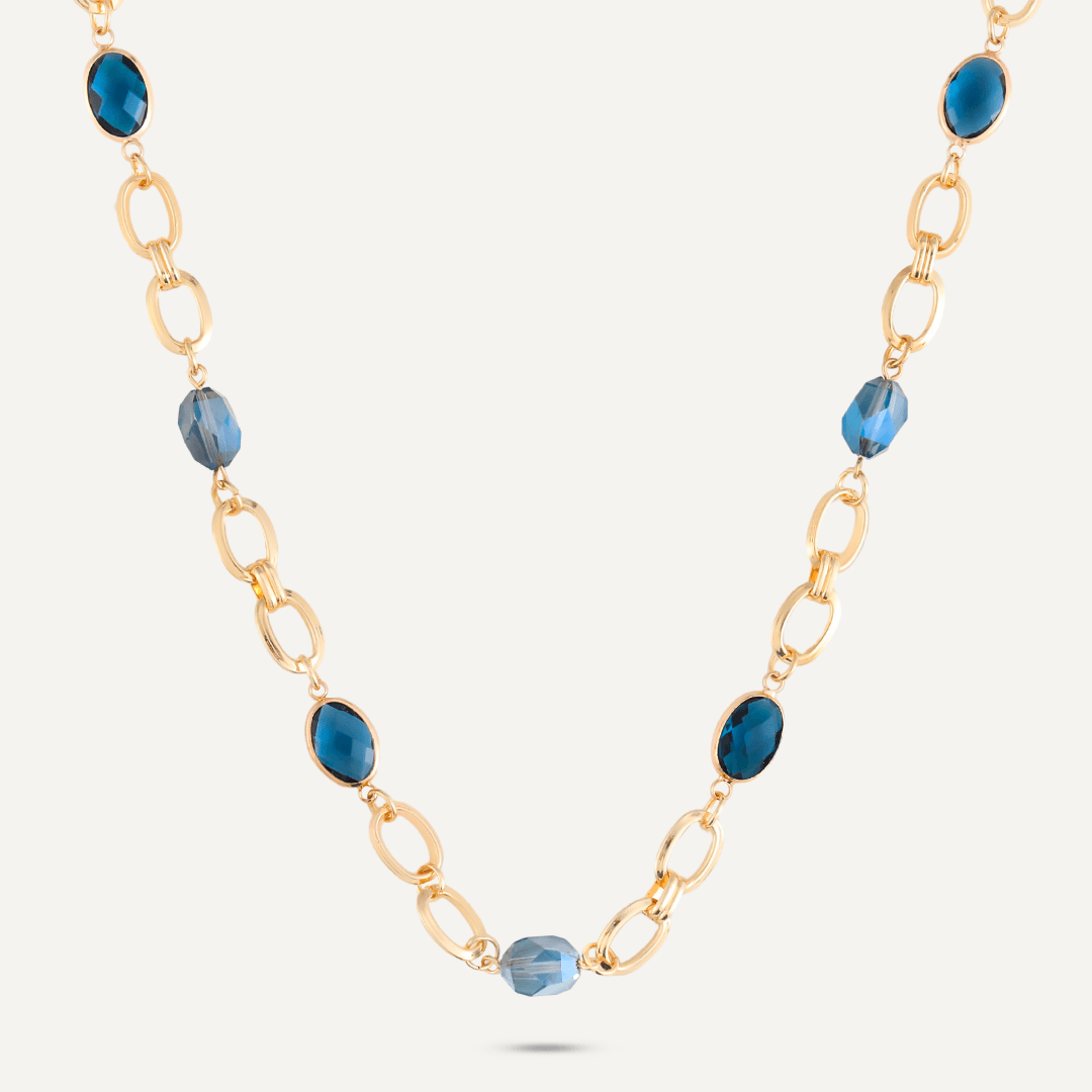 Mixed Cut Blue Crystal Short Necklace In Gold-Tone