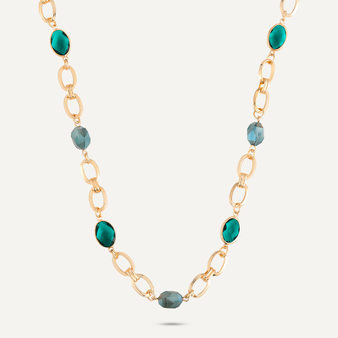 Mixed Cut Green Crystal Short Necklace In Gold-Tone