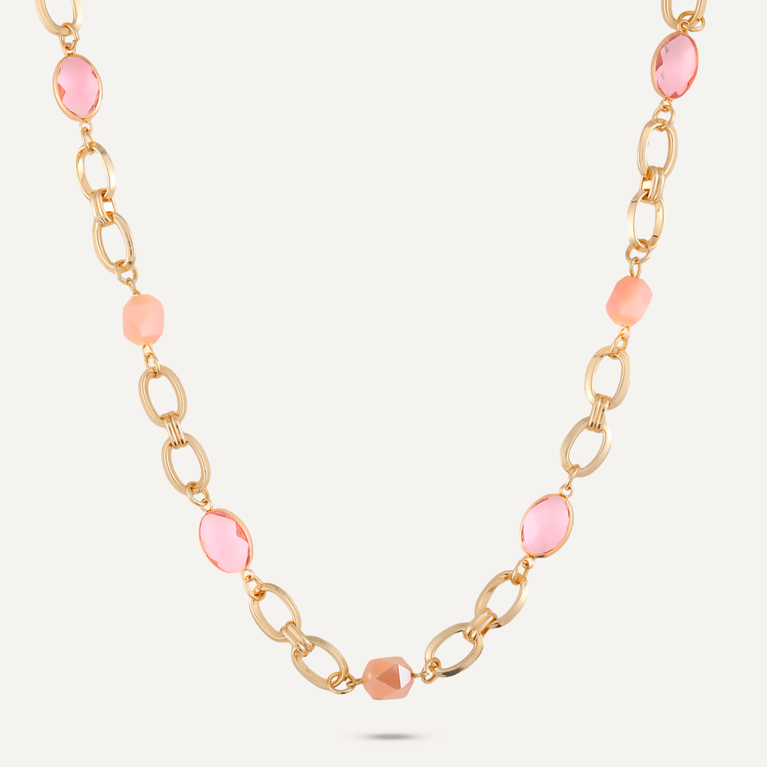 Mixed Cut Pink Crystal Short Necklace In Gold-Tone