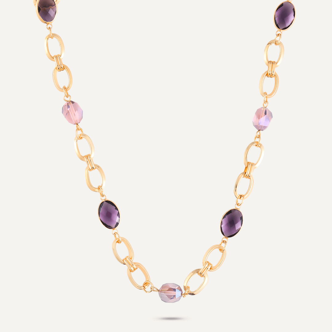 Mixed Cut Purple Crystal Short Necklace In Gold-Tone