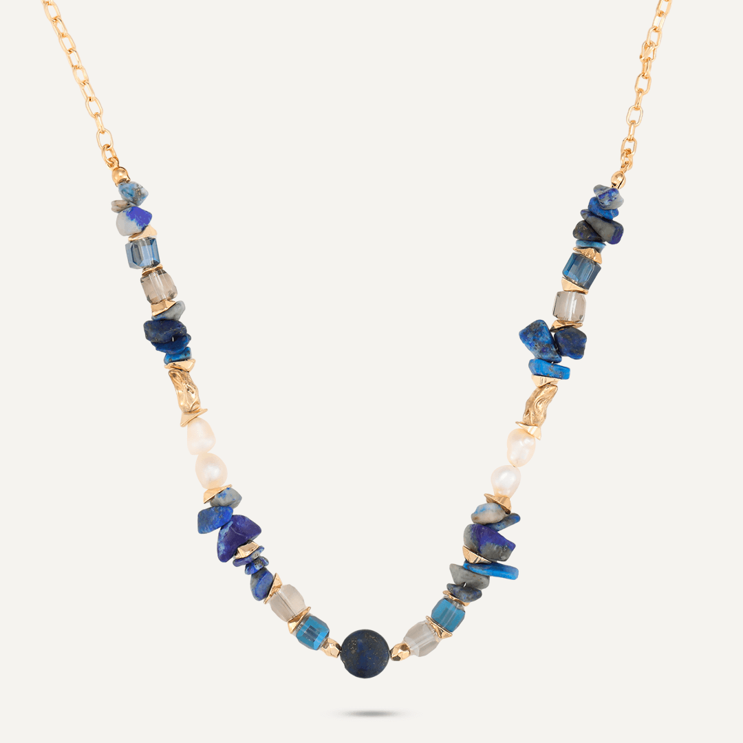 Blue Semi-Precious Stone, Crystal, & Fresh Water Pearl Short Necklace In Gold-Tone