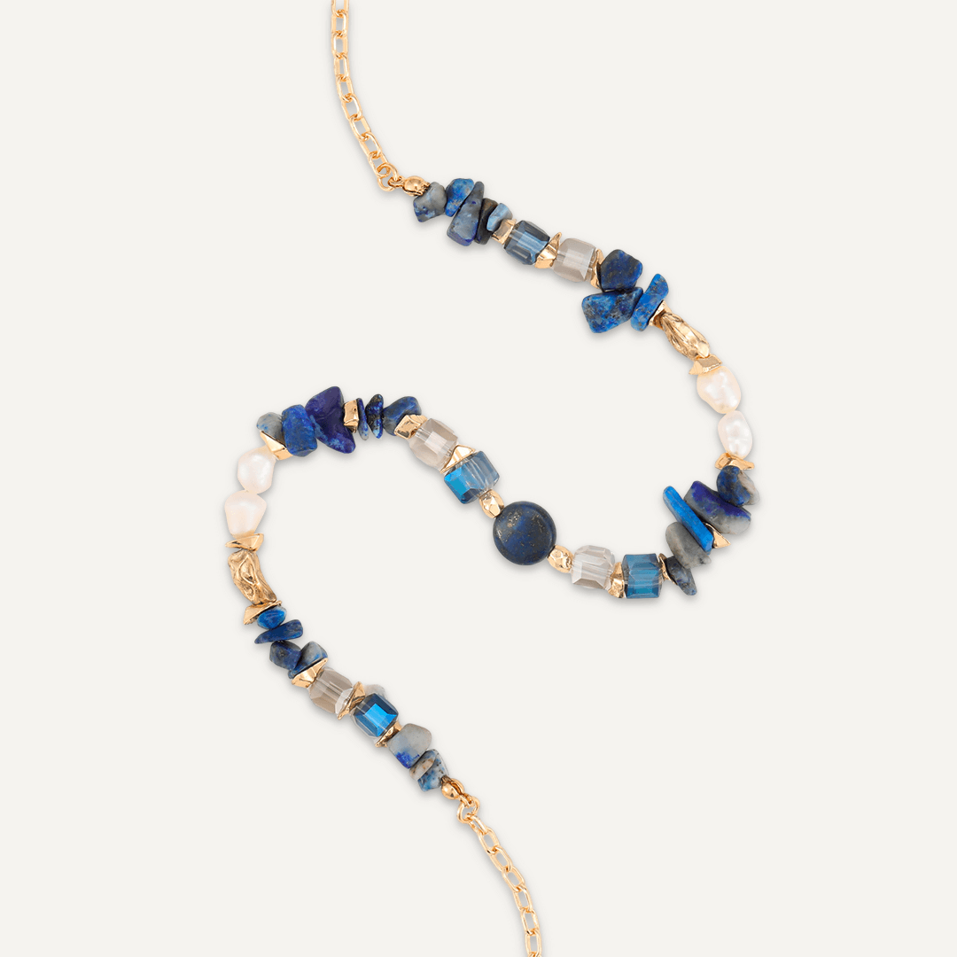 Blue Semi-Precious Stone, Crystal, & Fresh Water Pearl Short Necklace In Gold-Tone