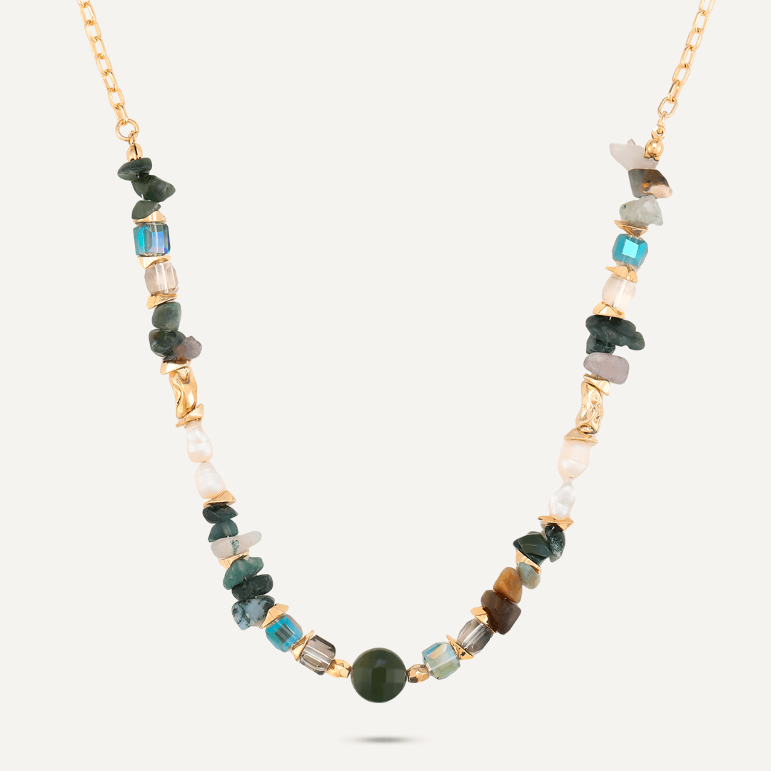 Green Semi-Precious Stone, Crystal, & Fresh Water Pearl Short Necklace In Gold-Tone