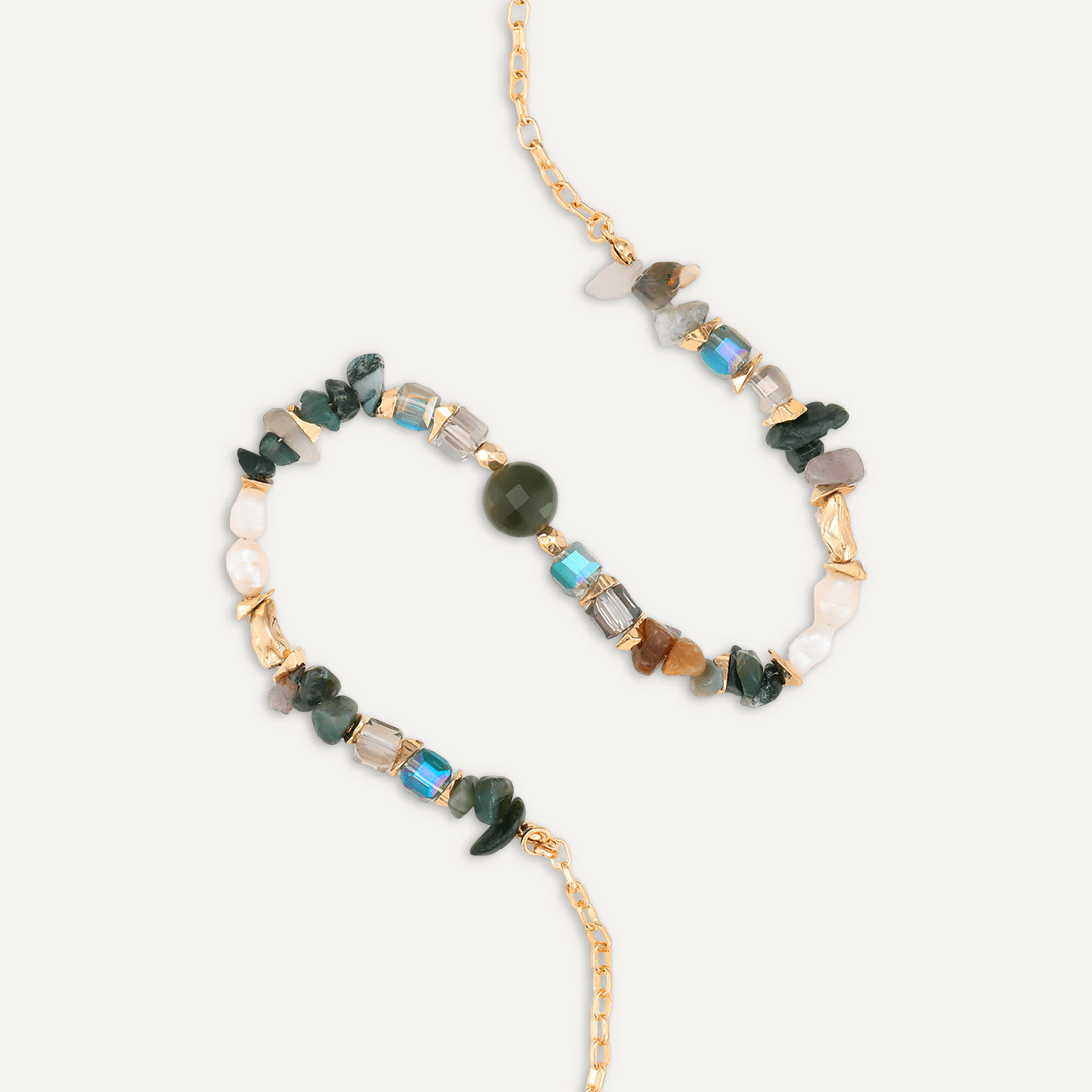 Green Semi-Precious Stone, Crystal, & Fresh Water Pearl Short Necklace In Gold-Tone