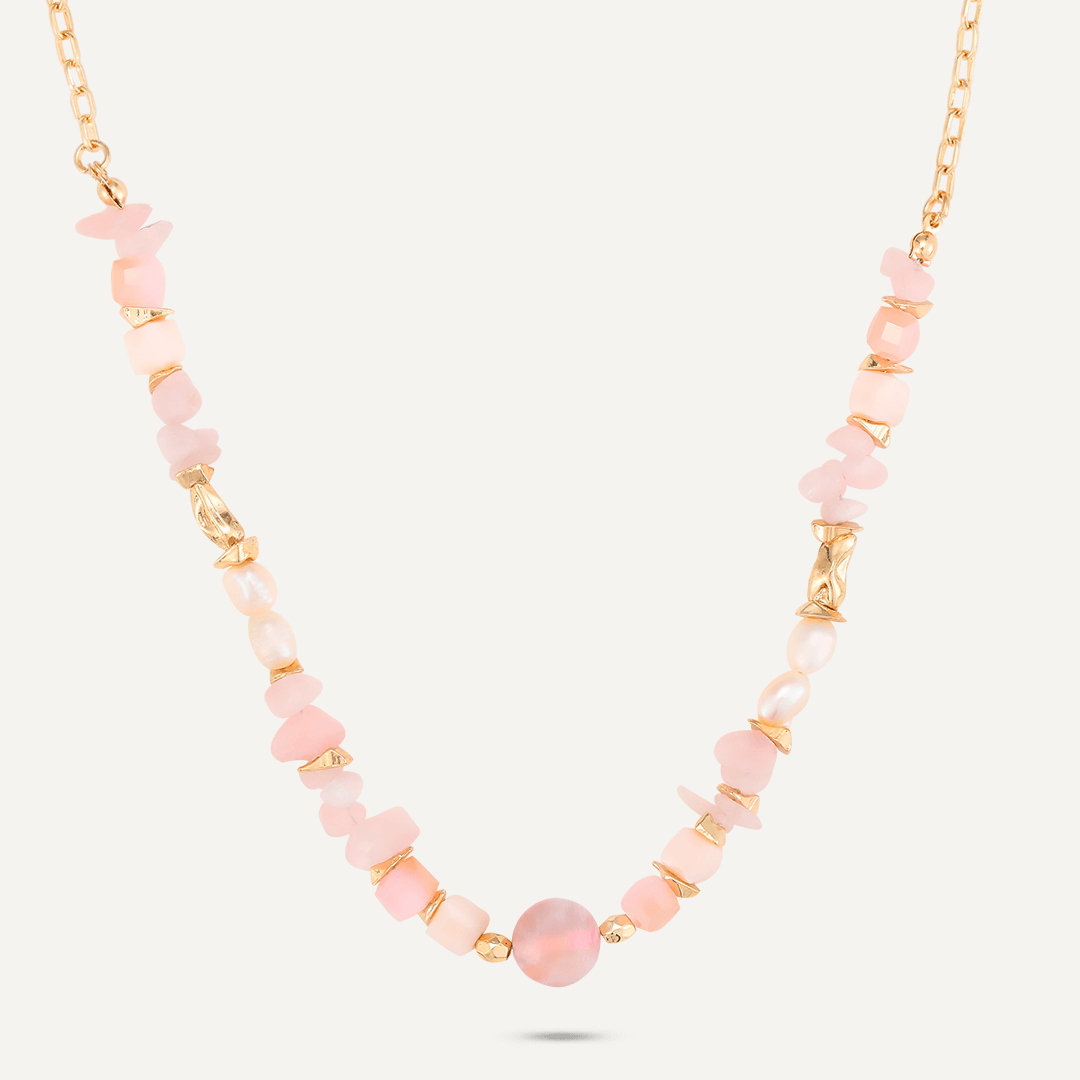 Pink Semi-Precious Stone, Crystal, & Fresh Water Pearl Short Necklace In Gold-Tone