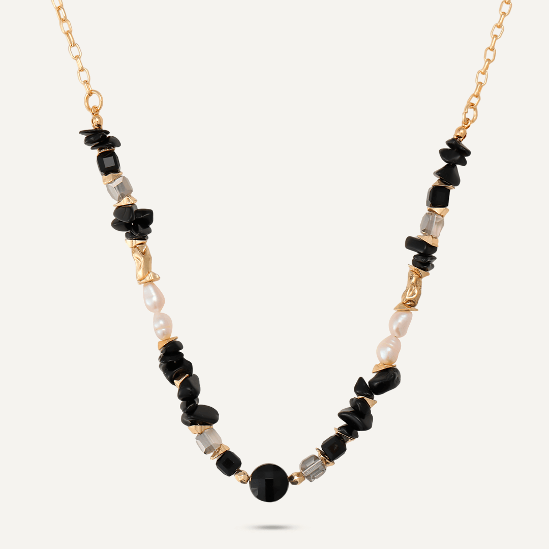 Black Semi-Precious Stone, Crystal, & Fresh Water Pearl Short Necklace In Gold-Tone