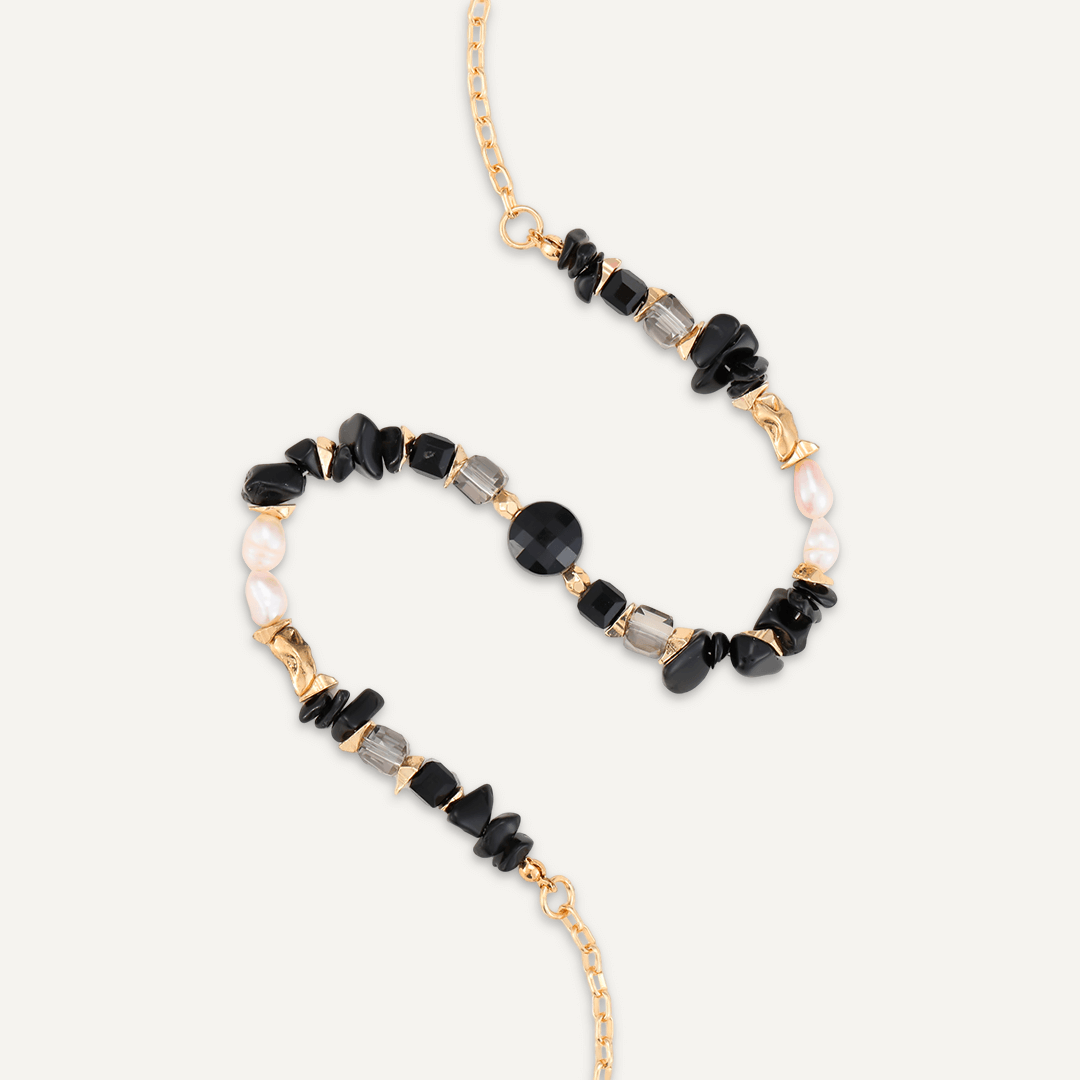 Black Semi-Precious Stone, Crystal, & Fresh Water Pearl Short Necklace In Gold-Tone