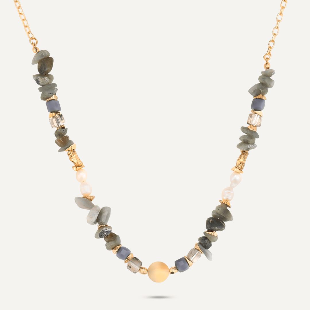 Grey Semi-Precious Stone, Crystal, & Fresh Water Pearl Short Necklace In Gold-Tone