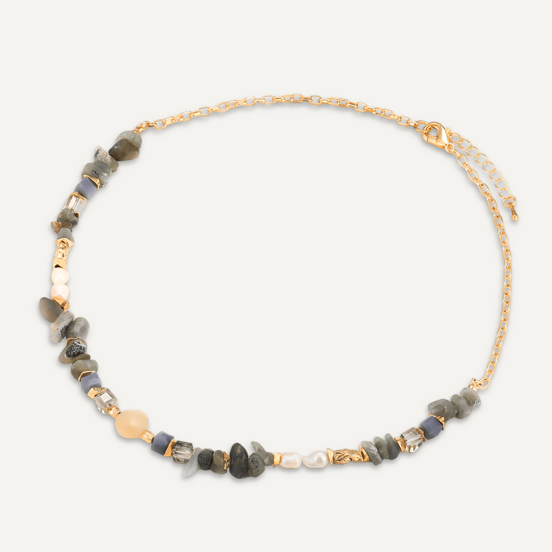 Grey Semi-Precious Stone, Crystal, & Fresh Water Pearl Short Necklace In Gold-Tone