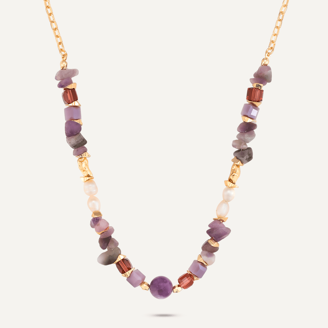 Purple Semi-Precious Stone, Crystal, Fresh Water Pearl Short Necklace In Gold-Tone