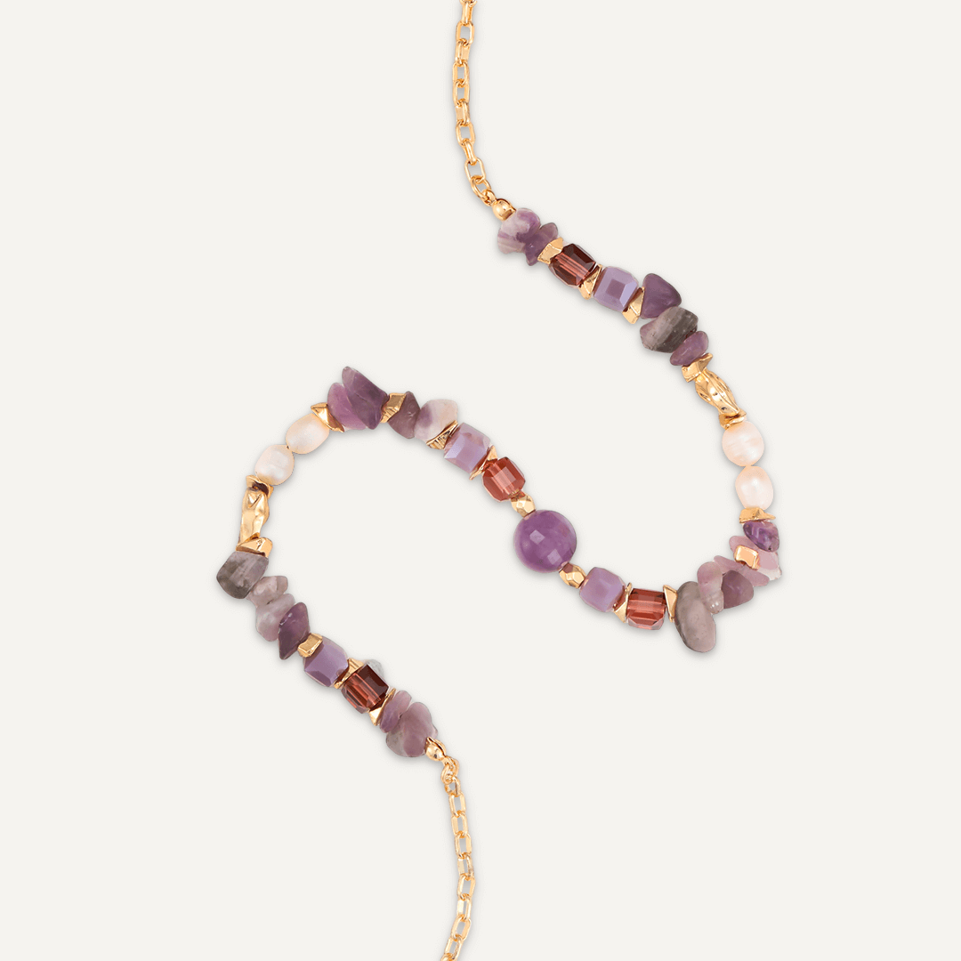 Purple Semi-Precious Stone, Crystal, Fresh Water Pearl Short Necklace In Gold-Tone