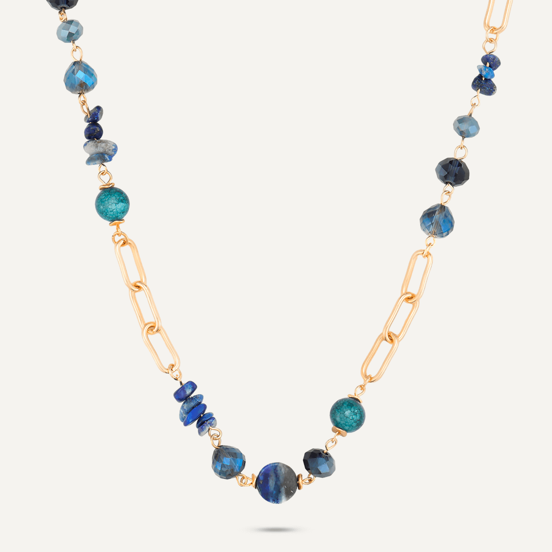 Chain Link Blue Semi-Precious Stone & Crystal Short Necklace In Gold-Tone