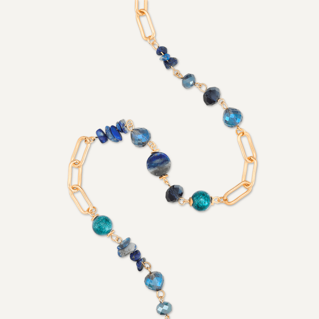 Chain Link Blue Semi-Precious Stone & Crystal Short Necklace In Gold-Tone