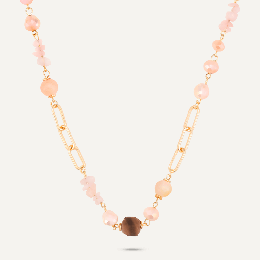 Chain Link Pink Semi-Precious Stone & Crystal Short Necklace In Gold-Tone