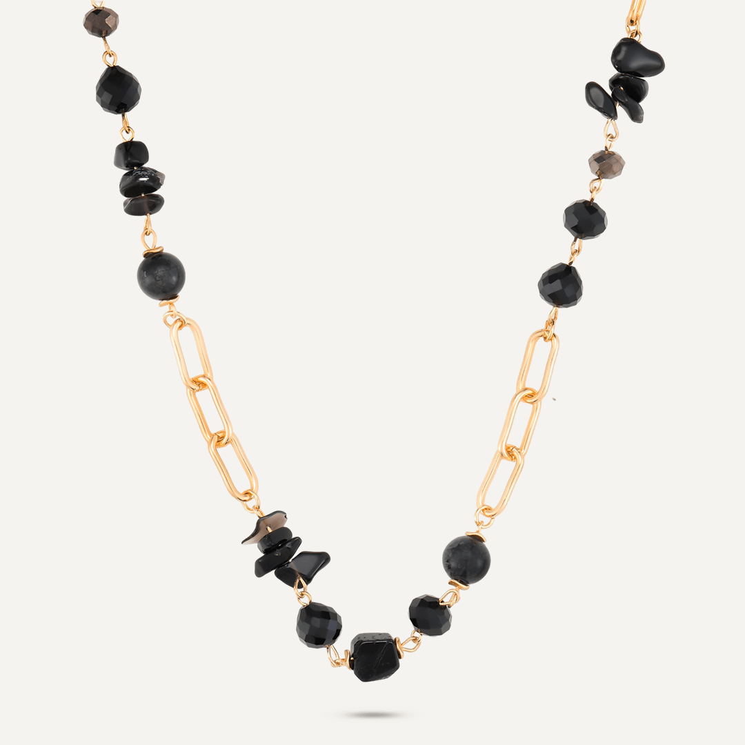 Chain Link Black Semi-Precious Stone & Crystal Short Necklace In Gold-Tone