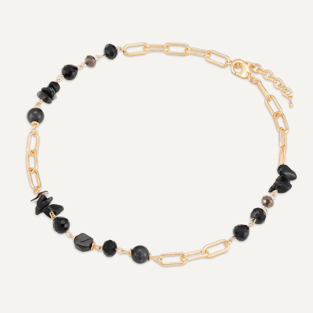 Chain Link Black Semi-Precious Stone & Crystal Short Necklace In Gold-Tone