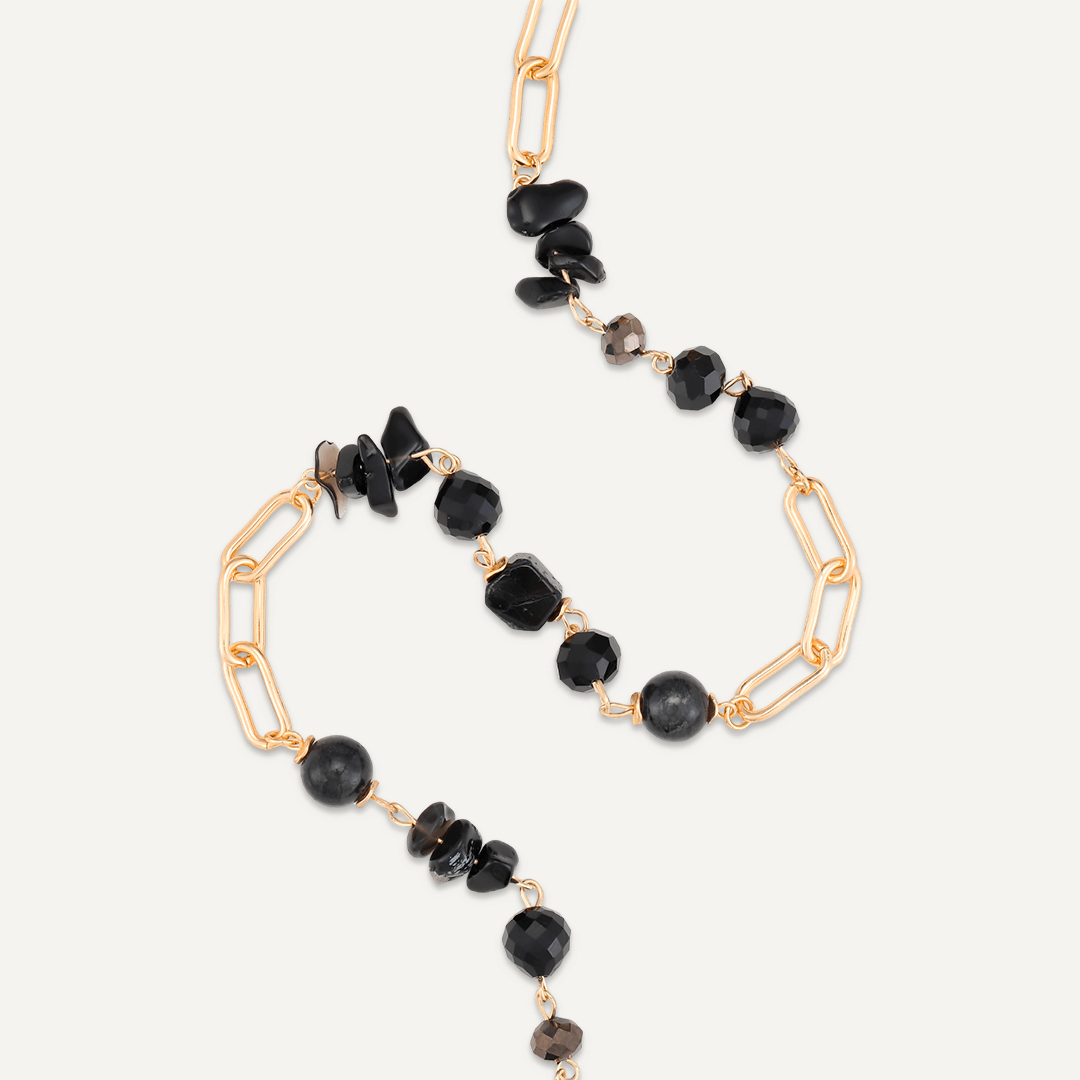 Chain Link Black Semi-Precious Stone & Crystal Short Necklace In Gold-Tone