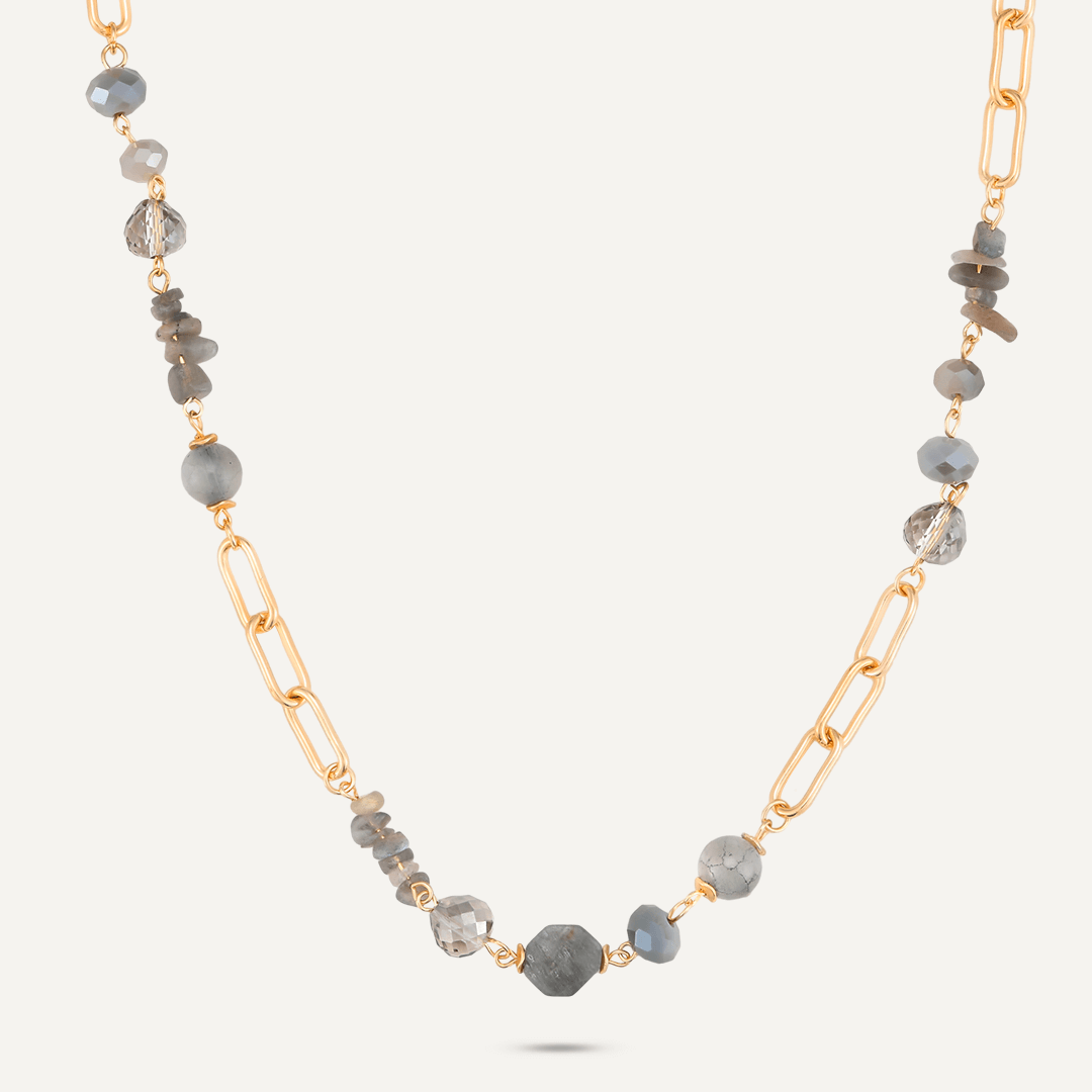 Chain Link Grey Semi-Precious Stone & Crystal Short Necklace In Gold-Tone