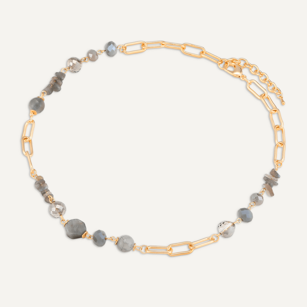 Chain Link Grey Semi-Precious Stone & Crystal Short Necklace In Gold-Tone