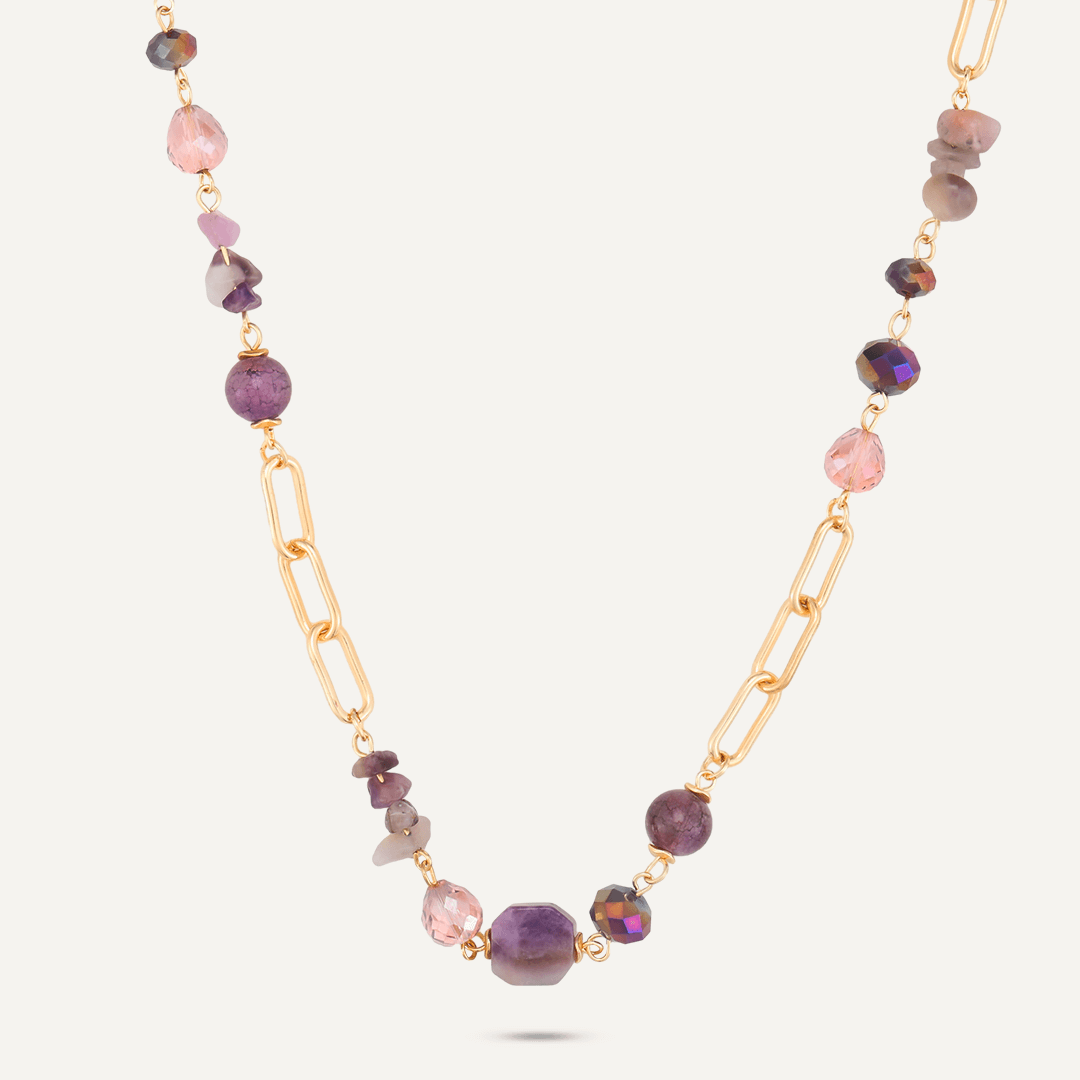 Chain Link Purple Semi-Precious Stone & Crystal Short Necklace In Gold-Tone