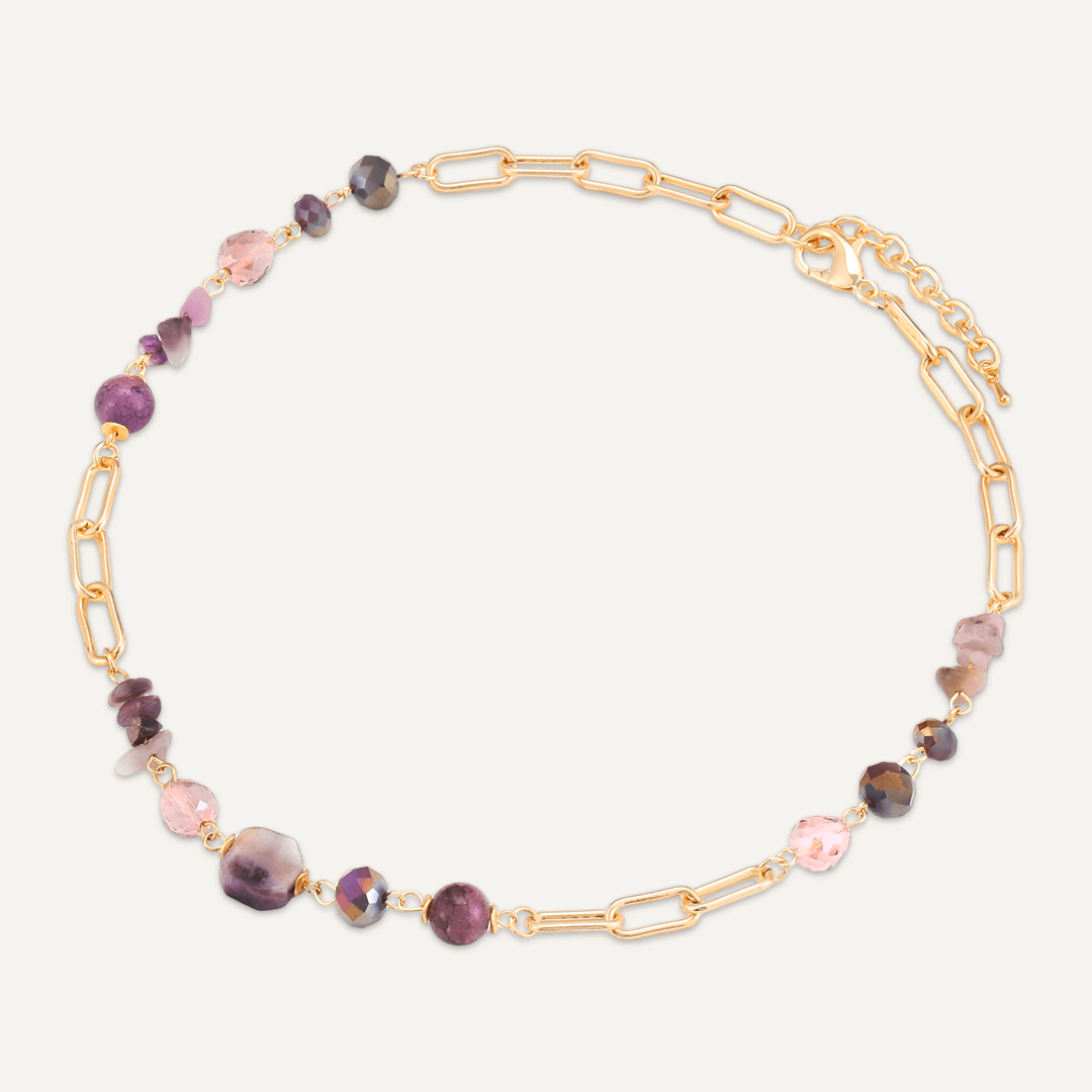 Chain Link Purple Semi-Precious Stone & Crystal Short Necklace In Gold-Tone