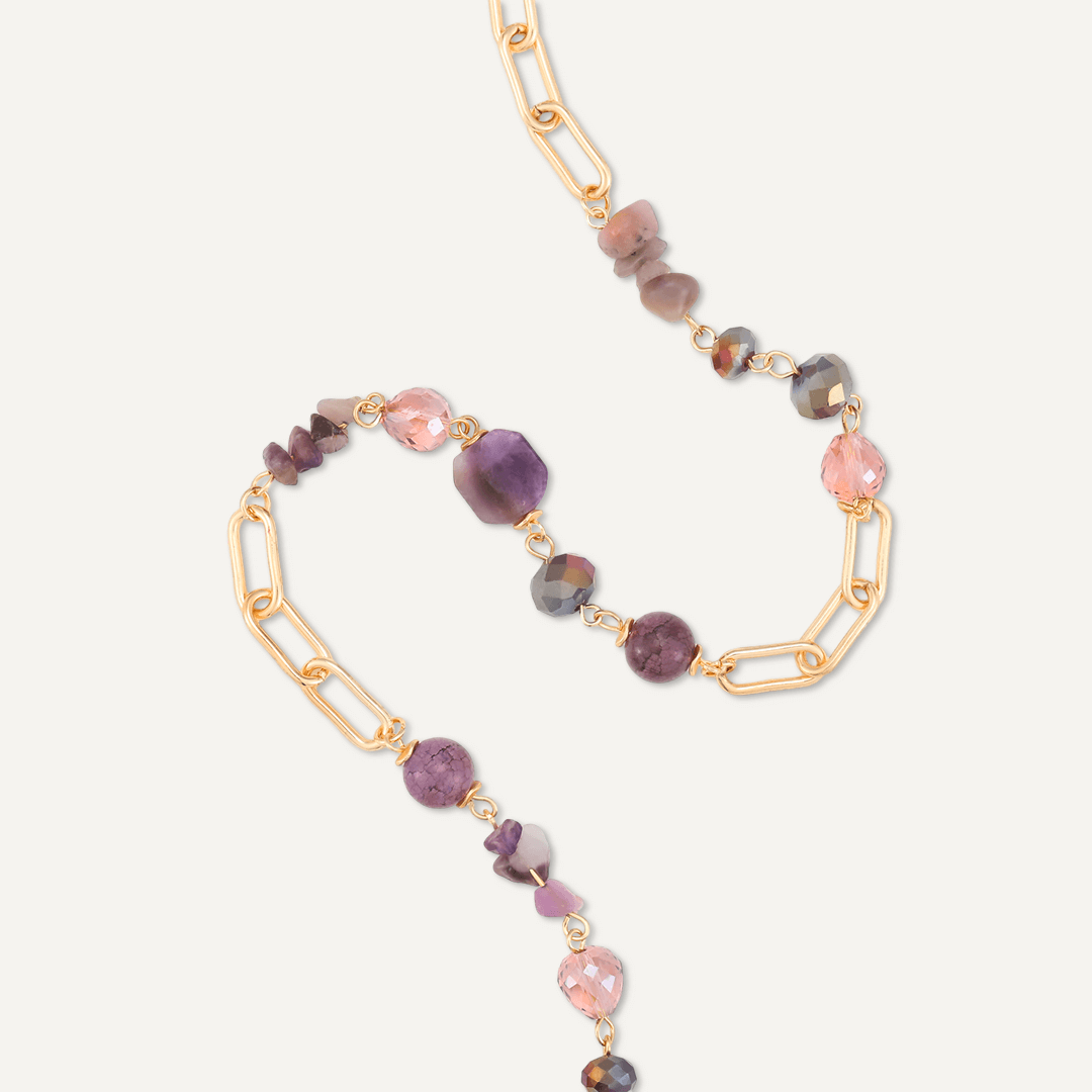 Chain Link Purple Semi-Precious Stone & Crystal Short Necklace In Gold-Tone