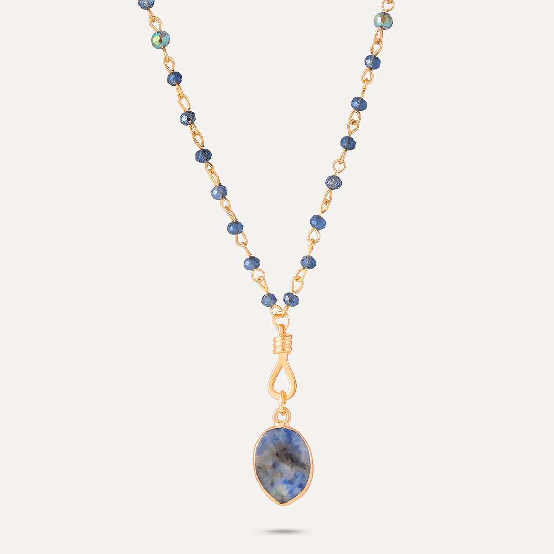 Long Blue Crystal Necklace With Semi-Precious Stone Pendant In Gold-Tone