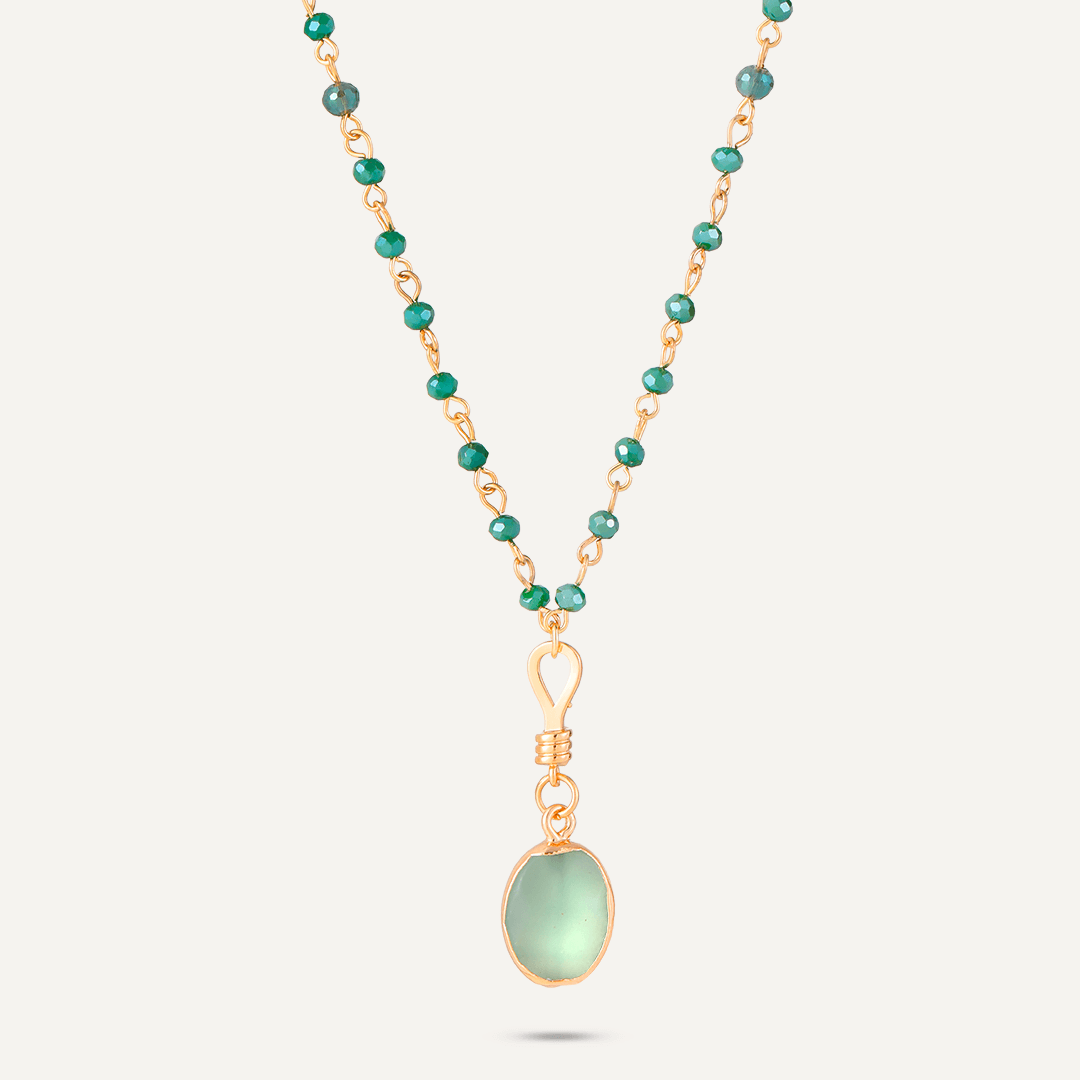 Long Green Crystal Necklace With Semi-Precious Stone Pendant In Gold-Tone