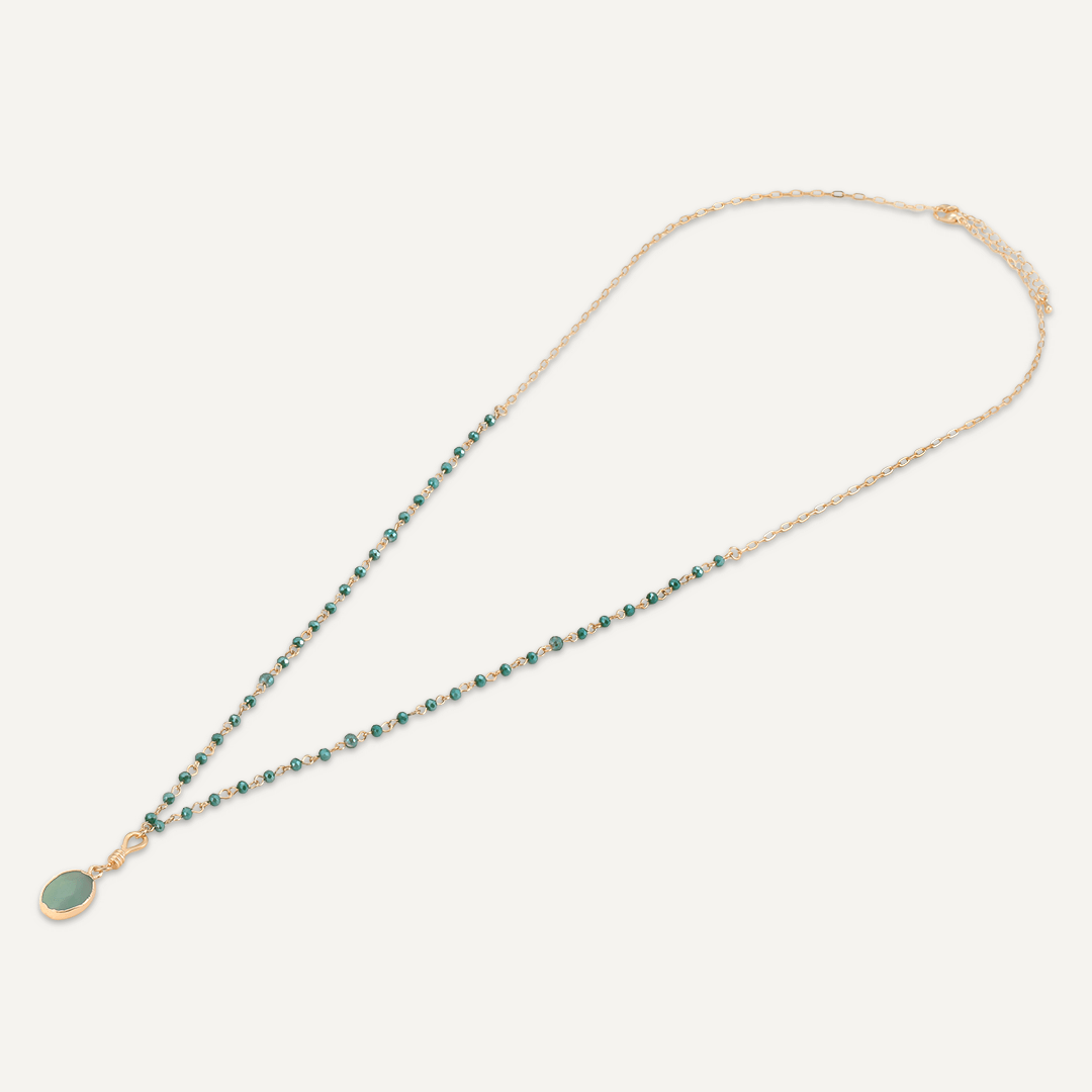 Long Green Crystal Necklace With Semi-Precious Stone Pendant In Gold-Tone