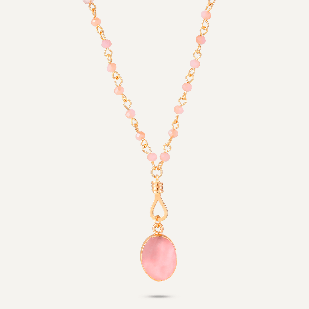 Long Pink Crystal Necklace With Semi-Precious Stone Pendant In Gold-Tone