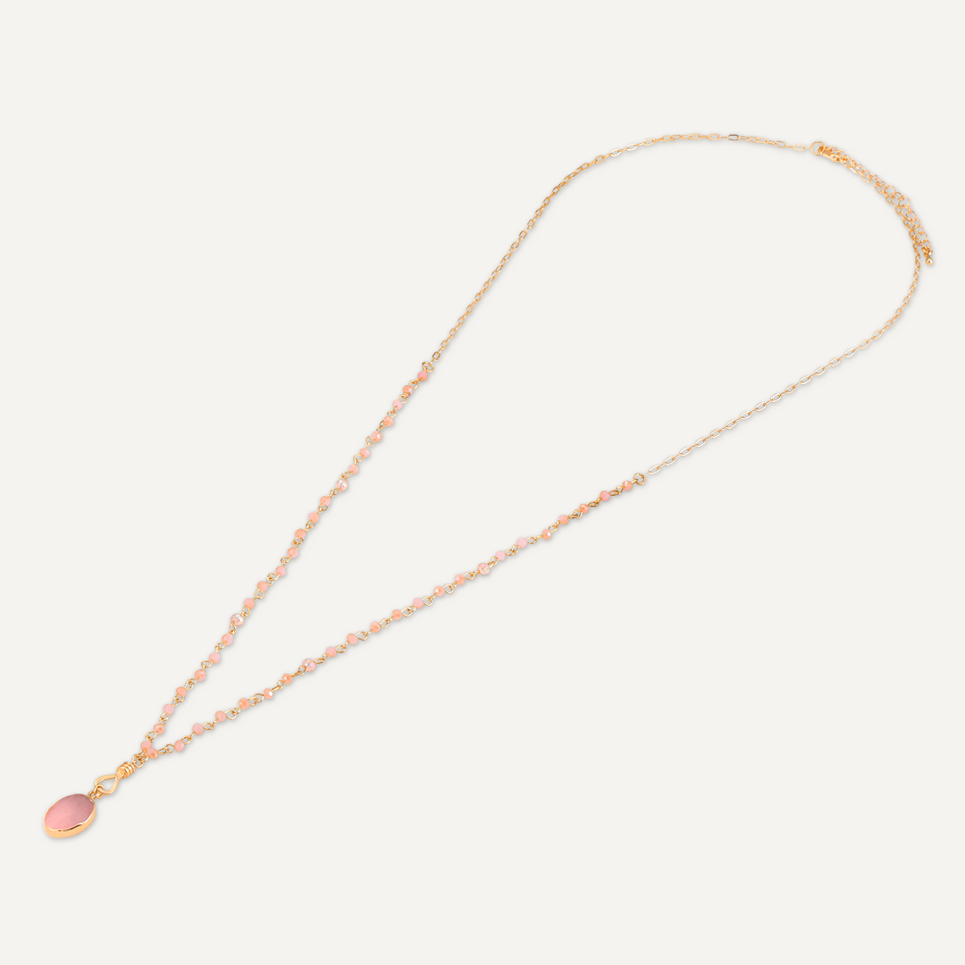 Long Pink Crystal Necklace With Semi-Precious Stone Pendant In Gold-Tone