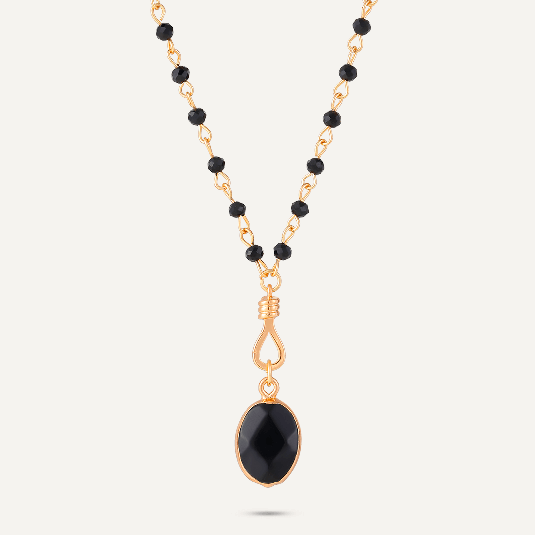 Long Black Crystal Necklace With Semi-Precious Stone Pendant In Gold-Tone